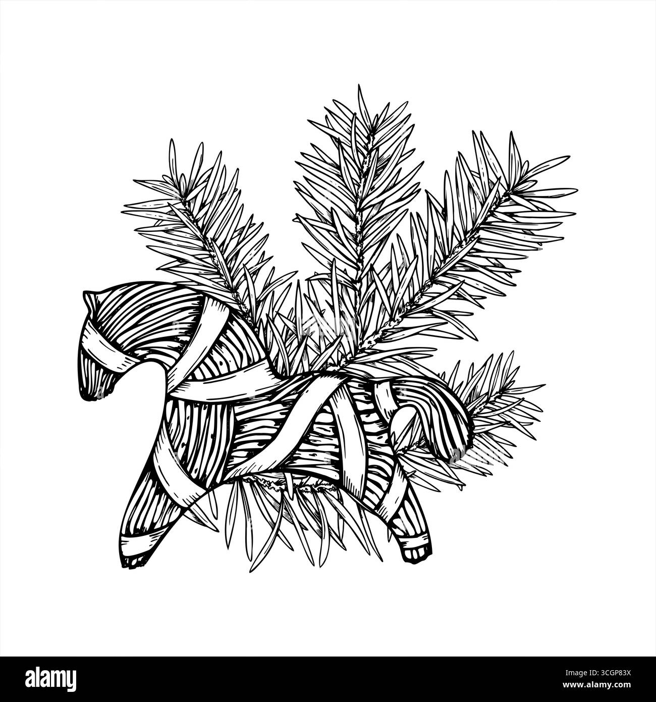 Cheval de paille de Noël scandinave avec des rubans parmi le dessin vectoriel monochrome de branche d'épinette. Animal rustique fait à la main avec une brindille de pin Illustration de Vecteur