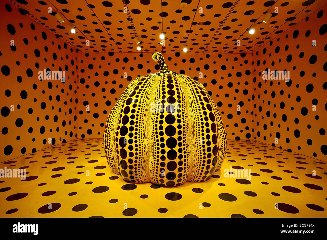 Hirshhorn Museum Yayoi Kusama Pumpkin sculpture Washington DC USA // WASHINGTON DC — la sculpture de Yayoi Kusama Pumpkin est exposée dans une salle immersive à pois au Hirshhorn Museum and sculpture Garden. La célèbre artiste japonaise contemporaine est célèbre pour son utilisation distinctive des pois et des motifs récurrents de citrouille, symbolisant son lien avec la nature et l'univers. Le Hirshhorn Museum, qui fait partie de la Smithsonian institution, est le musée de Washington DC du moderne et contemporain Situé sur le National Mall, le musée présente une collection variée d'art international Banque D'Images