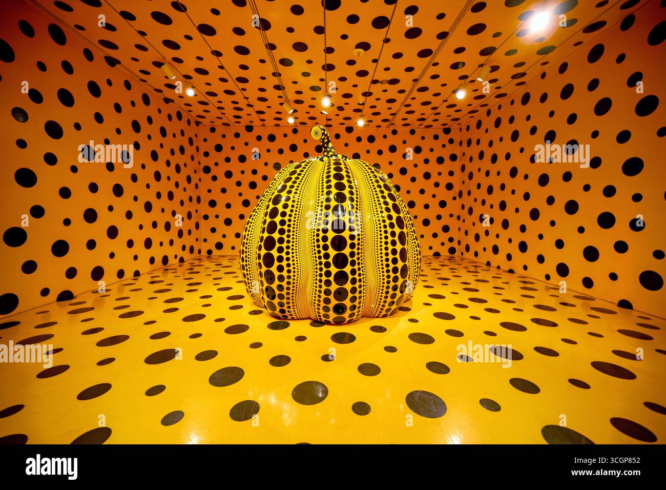 Yayoi Kusama Pumpkin sculpture installation Hirshhorn Museum Washington DC // WASHINGTON DC — L'installation de sculpture Pumpkin de Yayoi Kusama est présentée au Hirshhorn Museum and sculpture Garden. Cet environnement immersif, caractéristique de l’artiste contemporain japonais, présente une grande citrouille jaune recouverte de pois noirs. Les murs, le plafond et le sol de la chambre sont également ornés de pois, créant une expérience Kusama distinctive. Le musée Hirshhorn, institution Smithsonian, est dédié au moderne et contemporain Kusama est réputée pour son art avant-gardiste, inclu Banque D'Images