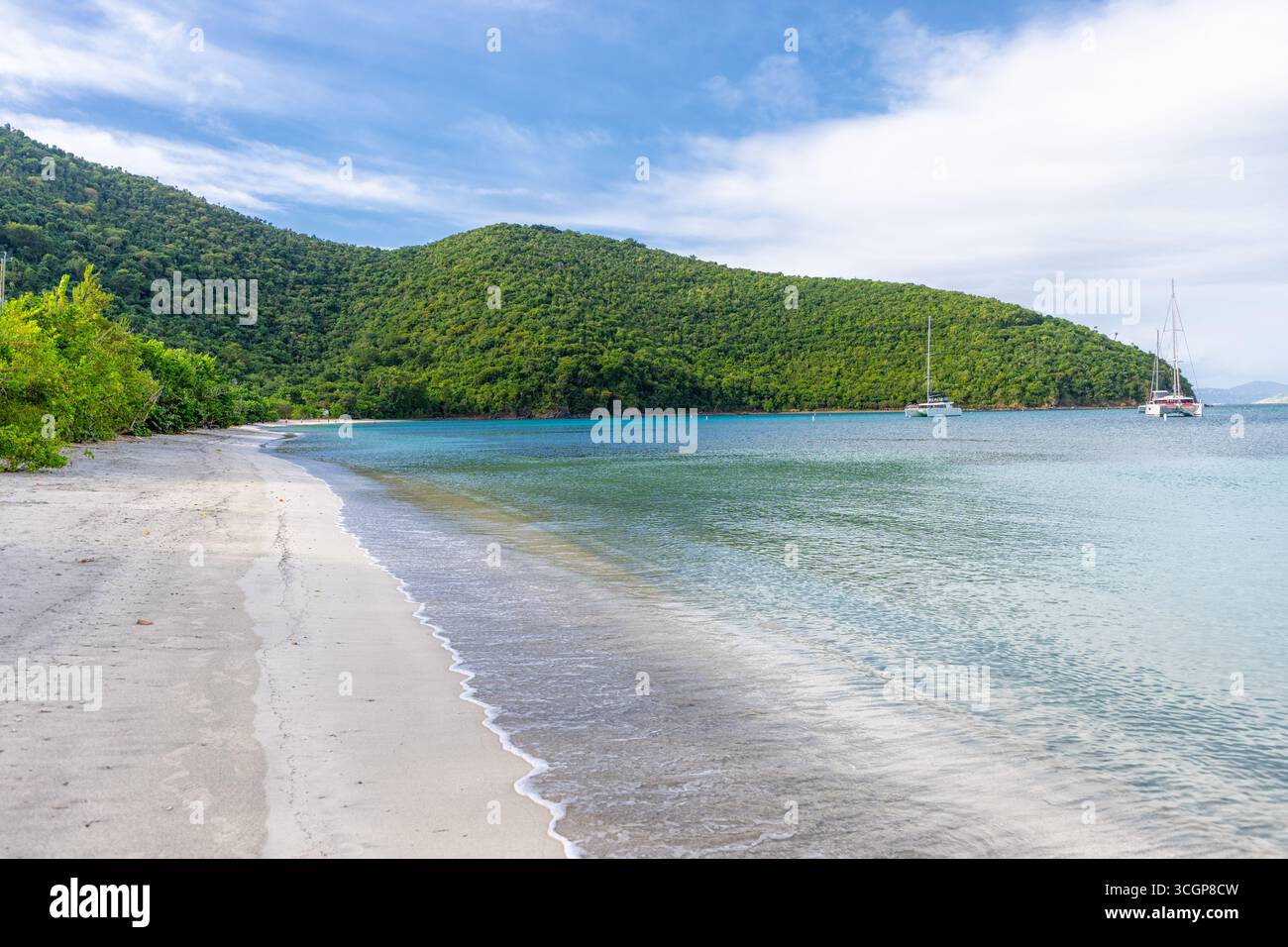 Maho Bay Beach avec voiliers St John Îles Vierges américaines // ST JOHN, USVI — Maho Bay Beach est un croissant de sable tranquille sur l'île de nouveaux John dans les Îles Vierges américaines. La baie est connue pour ses eaux calmes et claires et ses collines verdoyantes qui descendent jusqu'au rivage. Plusieurs voiliers sont ancrés dans la baie, profitant de l'environnement serein. Maho Bay fait partie du parc national des îles Vierges, protégeant sa beauté naturelle et sa vie marine. Le parc couvre plus de 7 000 acres de terres et de zones sous-marines, offrant des possibilités de plongée avec tuba, de plongée et de randonnée. Banque D'Images