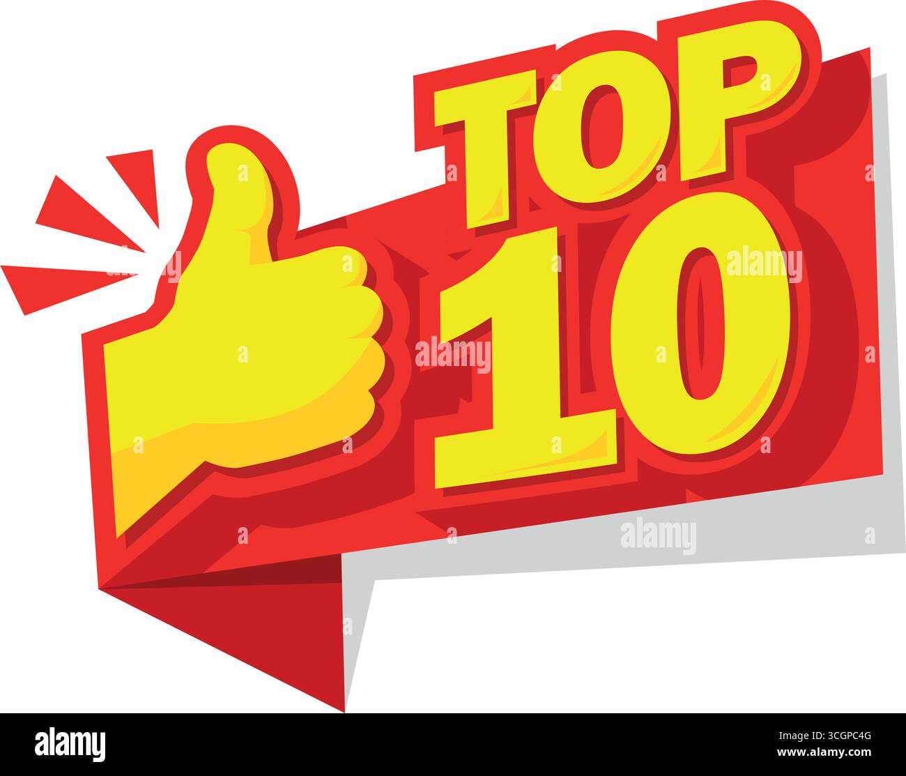 En-tête de la liste des 10 meilleurs choix. Autocollant publicitaire avec pouce rouge vers le haut. Vecteur sur fond transparent Illustration de Vecteur