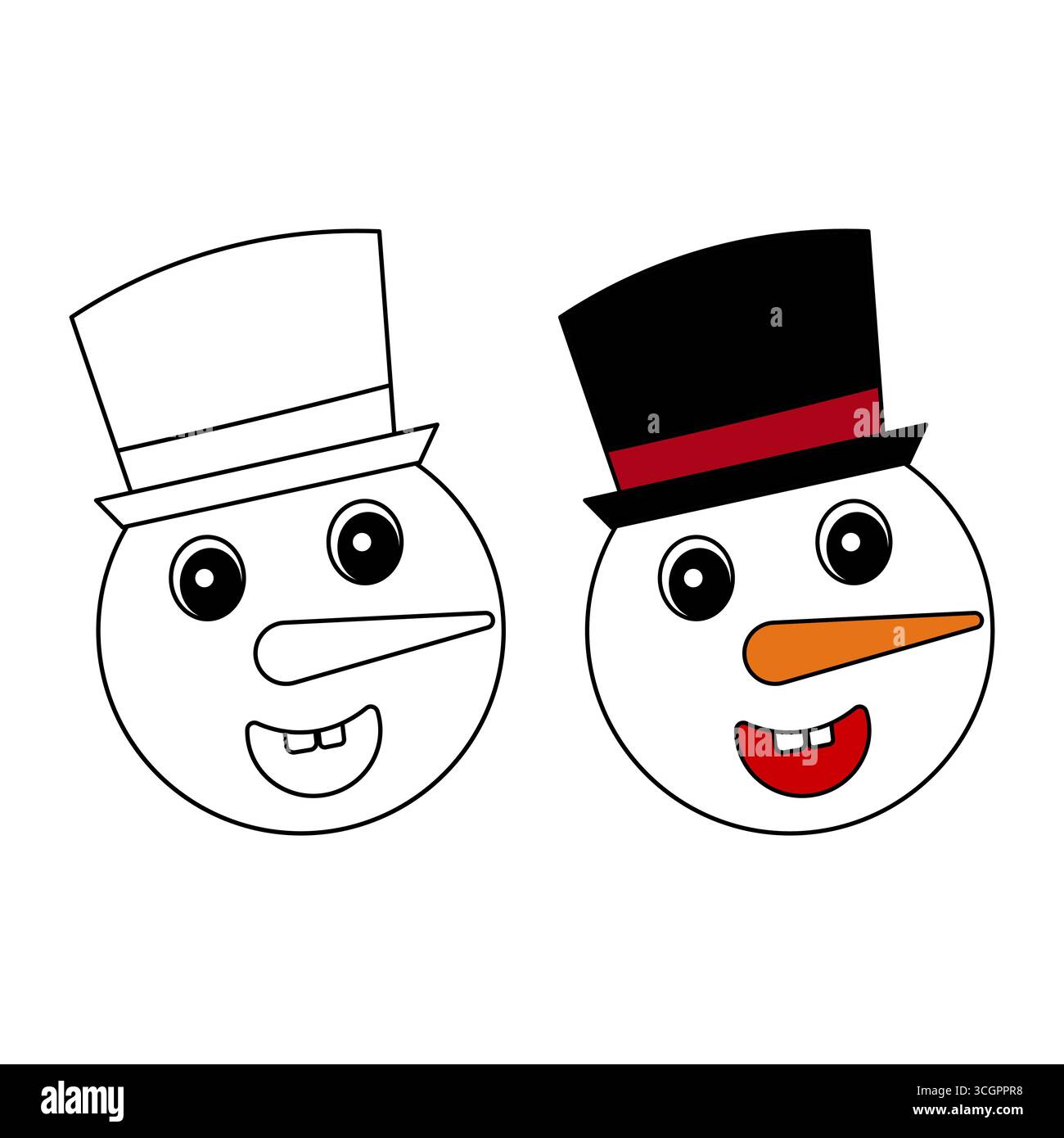 Visages de bonhomme de neige avec illustration vectorielle Top Hat. Deux visages de bonhomme de neige ludiques, chacun portant un haut chapeau haut de gamme et souriant joyeusement. Illustration de Vecteur