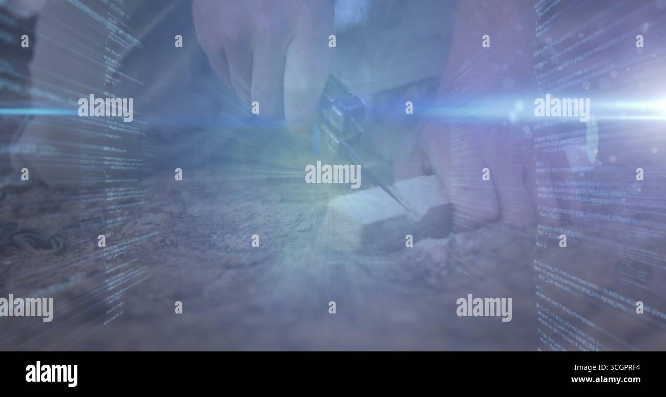 Coupant les mains portant le bloc de découpage de chemise sur le gravier, avec couteau utilitaire, lumière de code bleu Banque D'Images