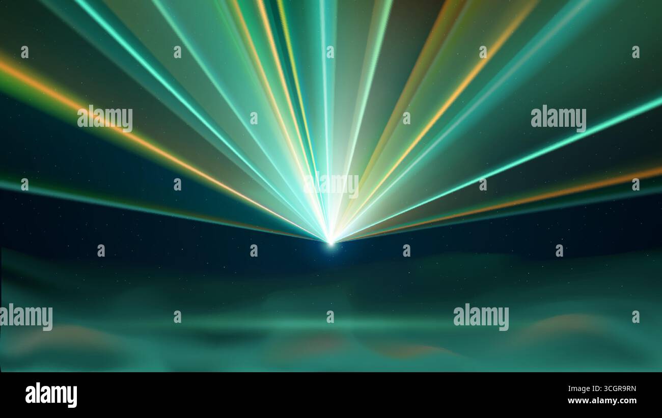 Spectacle de lumière laser. Faisceaux laser LED lumineux, soirée dj. Scène éclairée cyan, lumières stroboscopiques LED or jaune, fumée. Arrière-plan, toile de fond Illustration de Vecteur