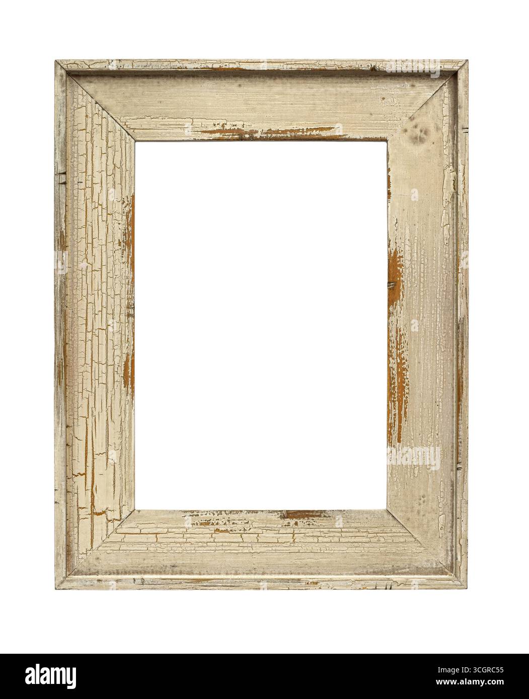 Cadre photo en bois rustique vintage avec texture vieillie vieillie, peinture blanc cassé pelée et fissurée, découpe isolée sur blanc Banque D'Images