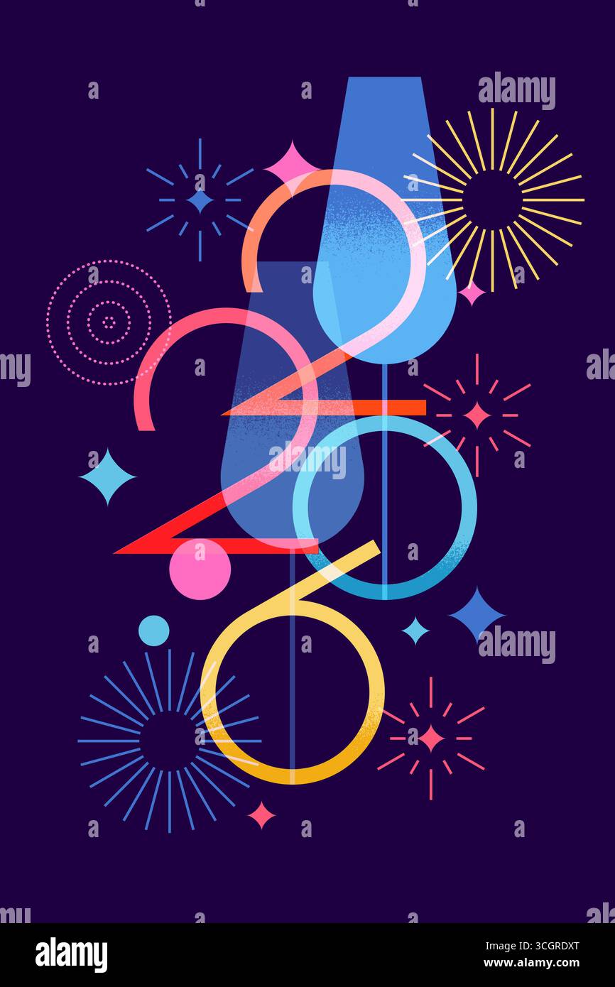 Bannière verticale du nouvel an 2026. Illustration plate vectorielle de cocktails ou de champagne et de feux d'artifice. Éléments de conception pour l'invitation de soirée, festive m Illustration de Vecteur