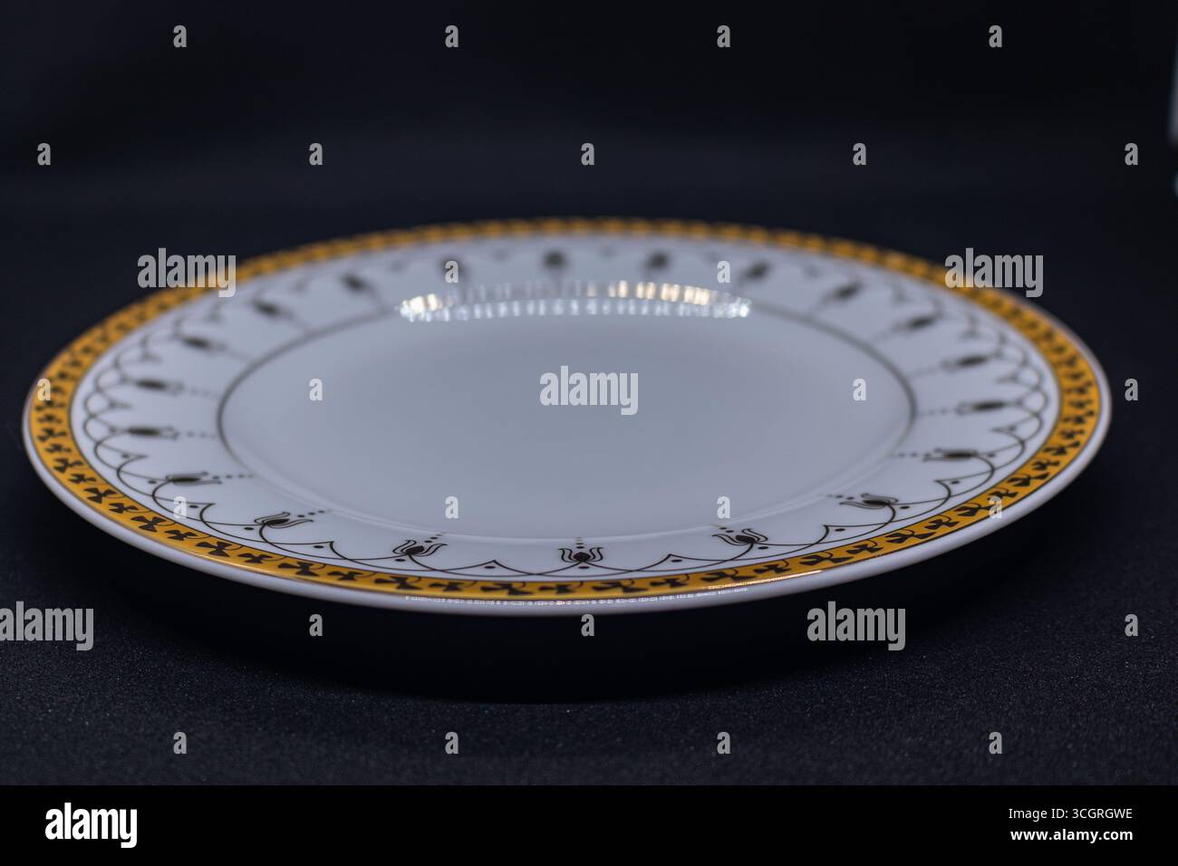 Assiette en porcelaine élégante avec un bord doré et des accents floraux Banque D'Images
