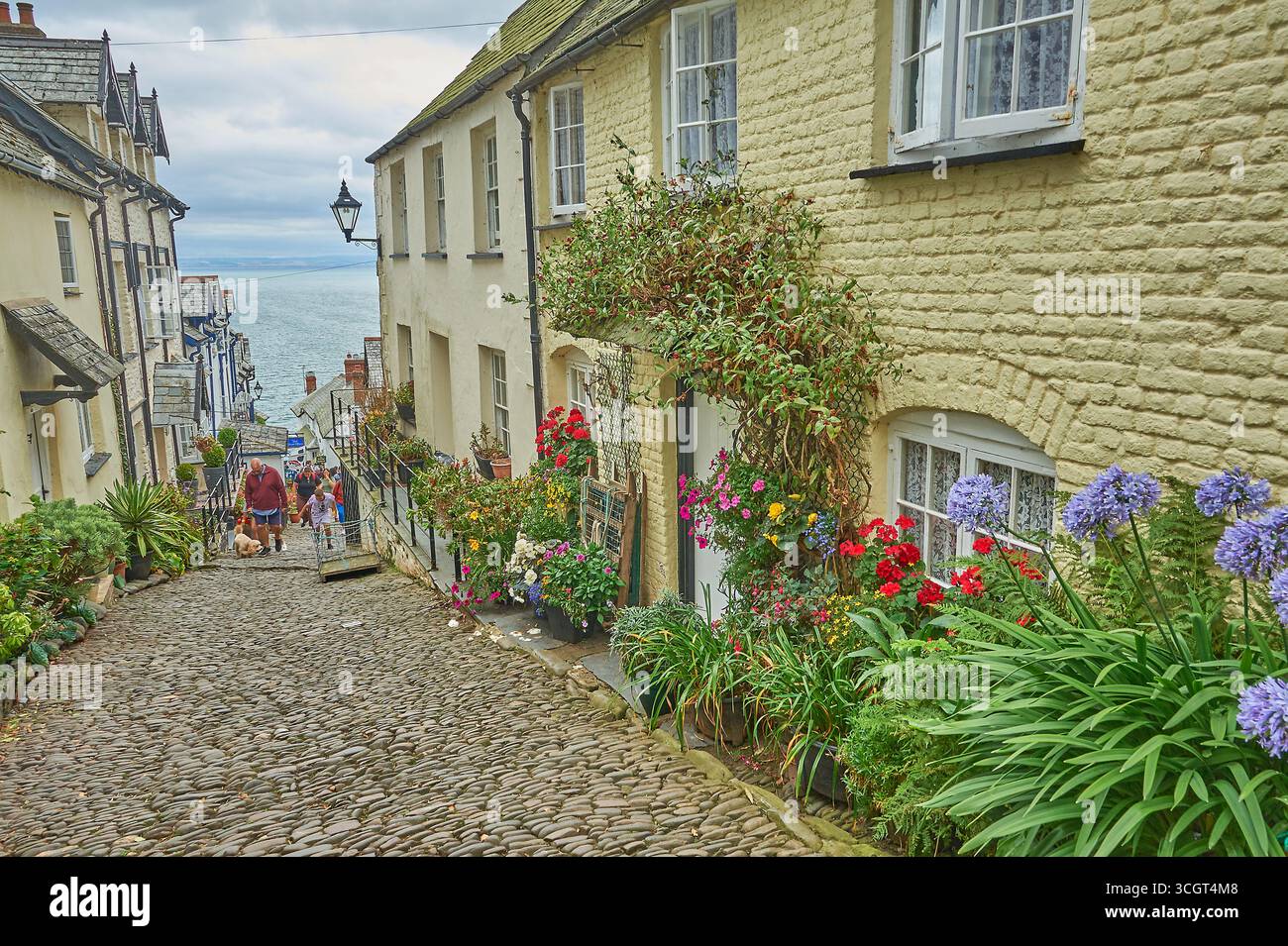 Étroite rue pavée à travers le village de Clovelly dans le nord du Devon Banque D'Images