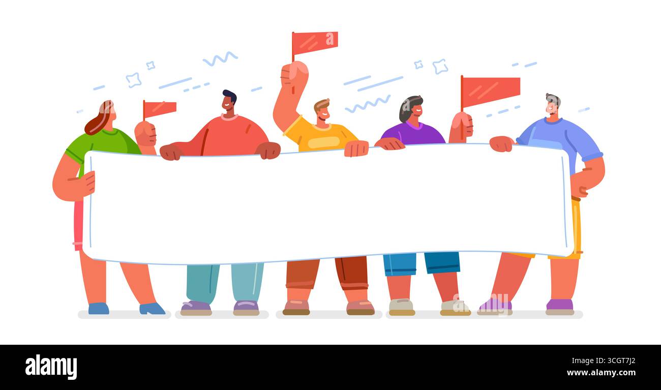 Un groupe de personnes heureuses tient une pancarte vierge. Société, foule participant à un défilé ou un rassemblement. Manifestants ou activistes Illustration de Vecteur