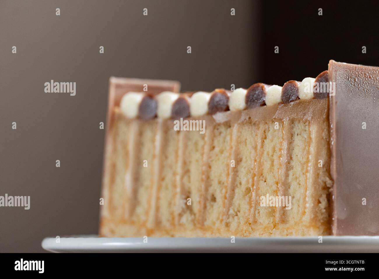Gros plan d'une tranche de gâteau superposée avec une garniture crémeuse, recouverte d'une alternance de boules de chocolat blanc et noir, et enveloppée d'une couche de chocolat lisse Banque D'Images