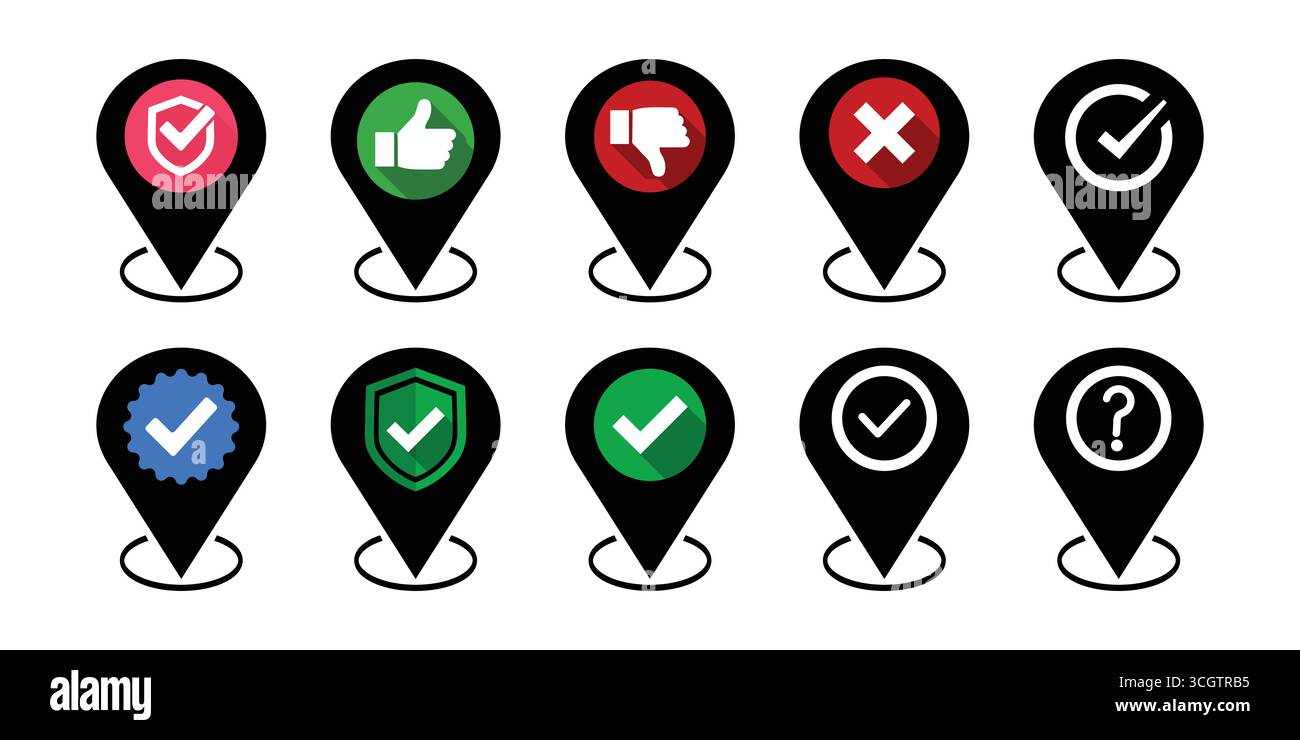 Ensemble de marqueurs de position avec icônes de confirmation et de rétroaction. Illustration de Vecteur