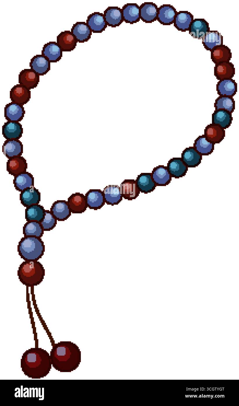 Perles de prière rondes brillantes en bleu et rouge, disposées en boucle, style vectoriel numérique Illustration de Vecteur