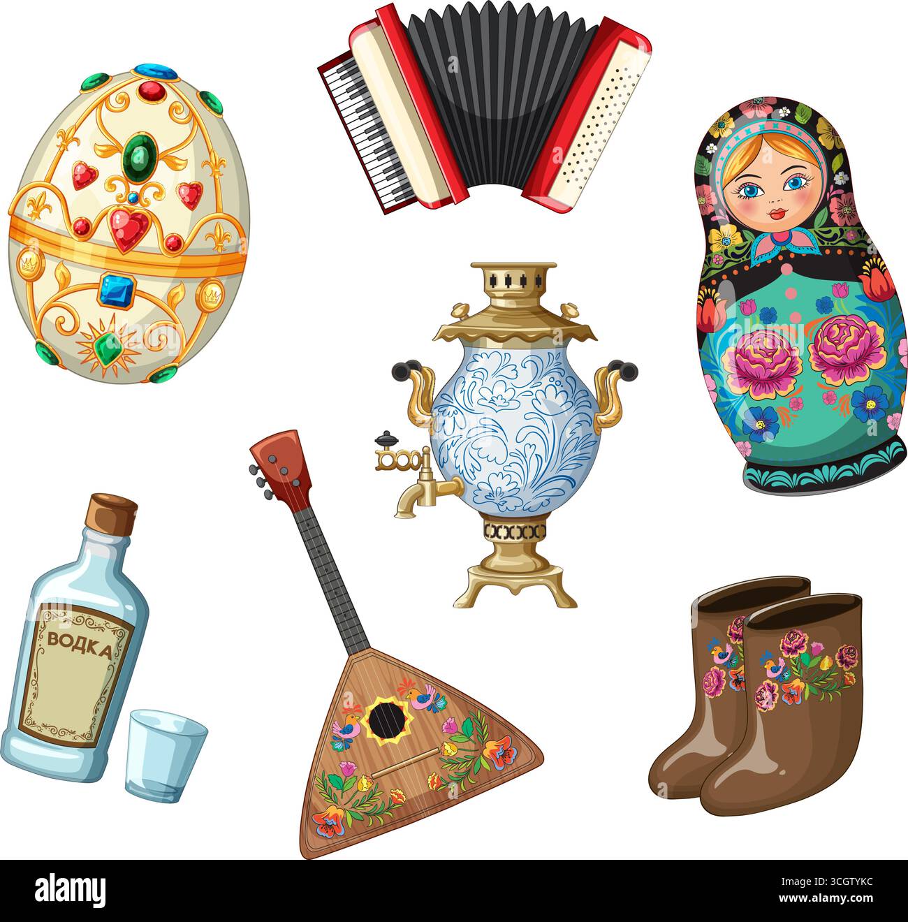 Vecteur coloré des icônes culturelles russes : matryoshka, samovar, balalaïka, accordéon, FabergÃ© œuf, vodka. Illustration de Vecteur