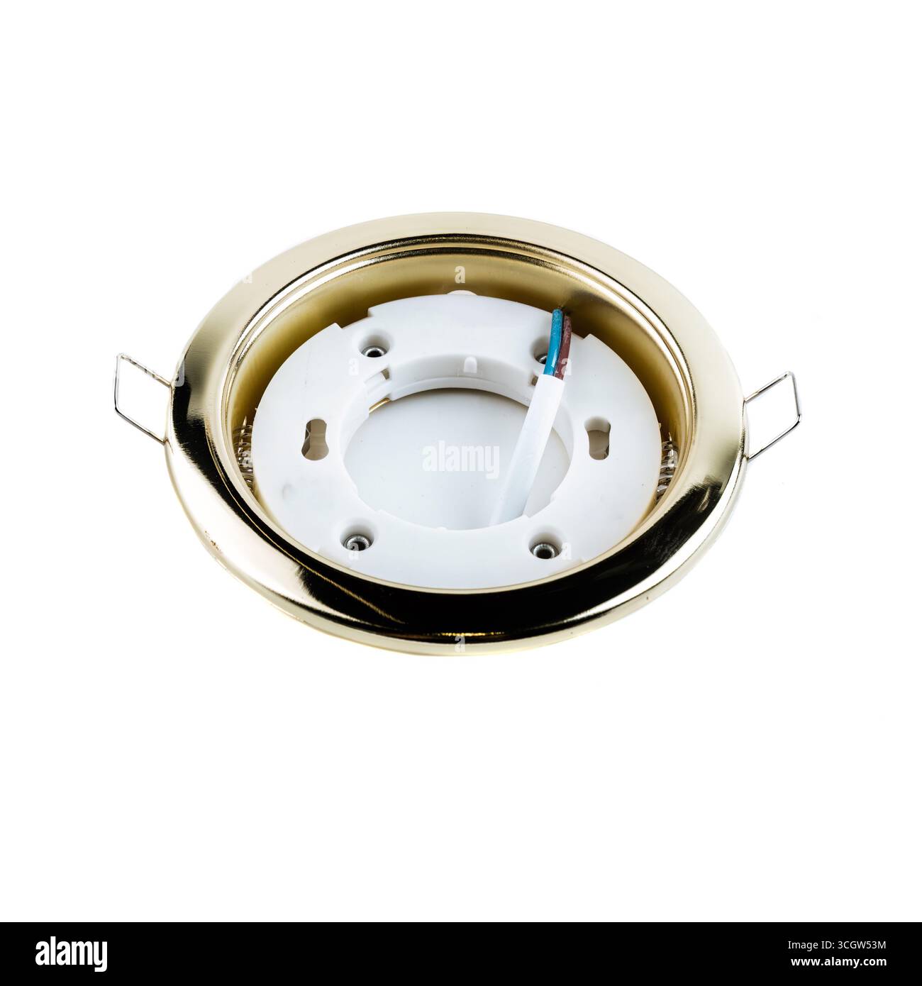 Cadre de plafonnier encastré en métal rond or pour projecteurs, utilisé pour le montage de lampes dans un plafond tendu et un magasin d'équipement d'éclairage. Banque D'Images