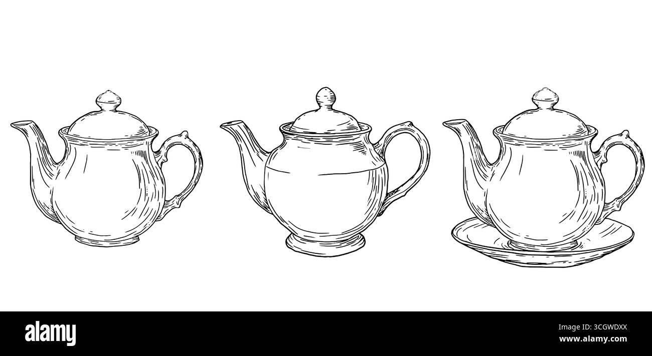Théières en porcelaine, ensemble de silhouettes, croquis noir et blanc. Illustration vectorielle. Vaisselle en porcelaine pour le thé et le petit déjeuner, isolé sur dos blanc Illustration de Vecteur