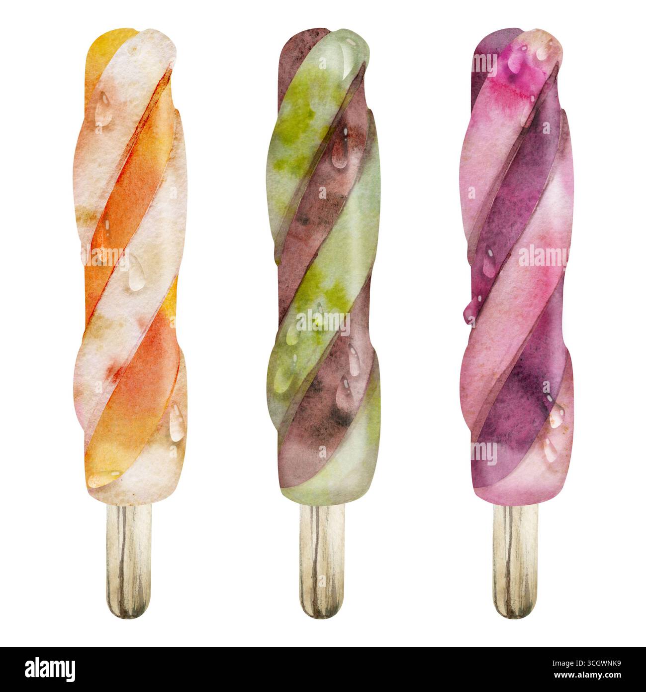 Fruits mélangés et glace au chocolat avec forme de tourbillon visible et gouttes d'eau, gâterie estivale rafraîchissante. Illustration isolée dessinée à la main à l'aquarelle Banque D'Images