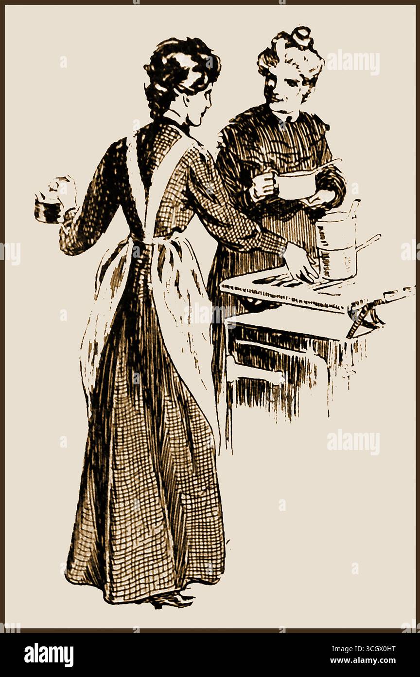 C1915 scène domestique britannique de femmes stérilisant des aliments sur une cuisinière domestique à gaz. Banque D'Images