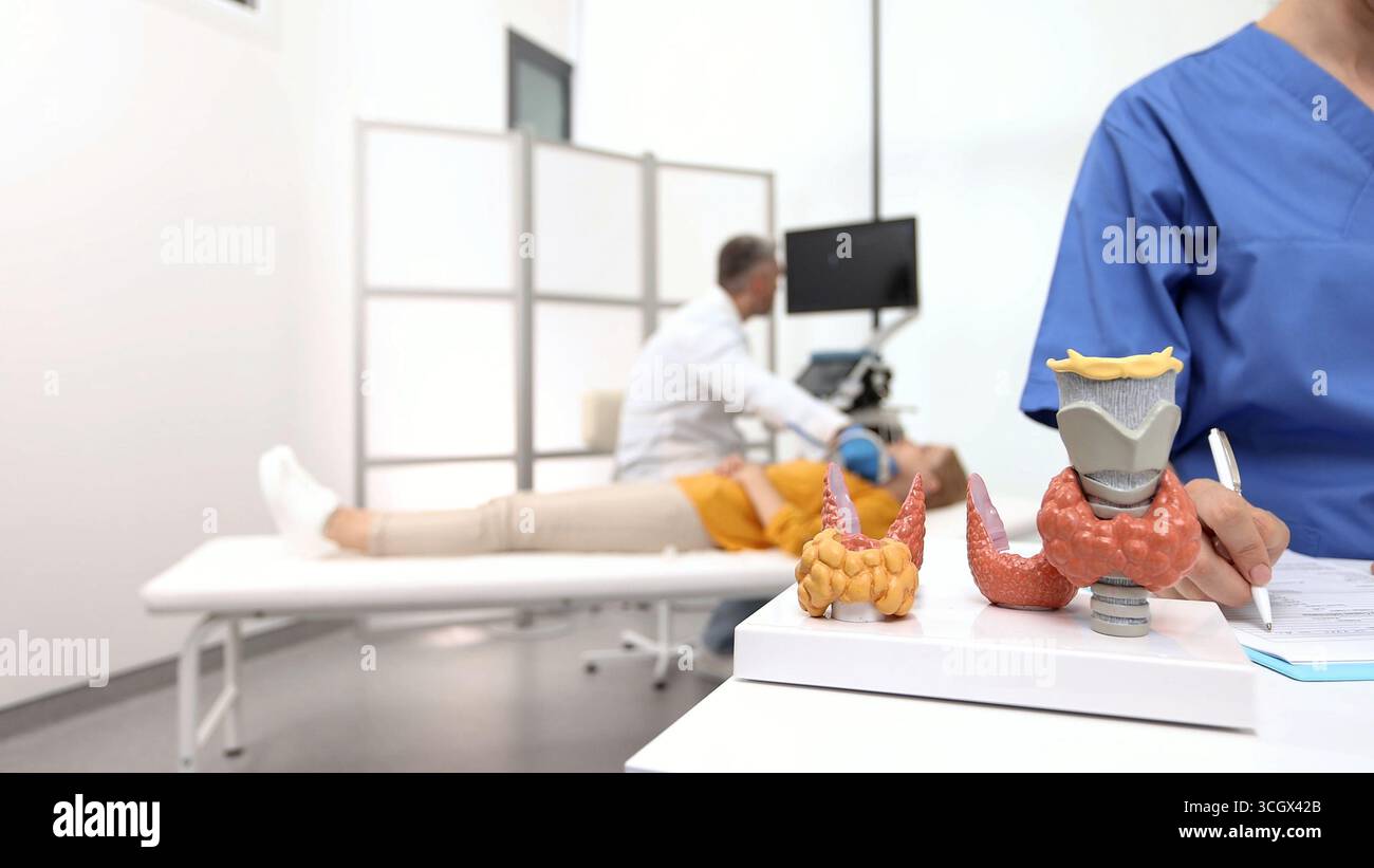 Diagnostic échographique du système endocrinien et de la thyroïde pour la femme. La patiente reçoit un diagnostic thyroïdien. Traitement de thyrotoxicose et hypothy Banque D'Images