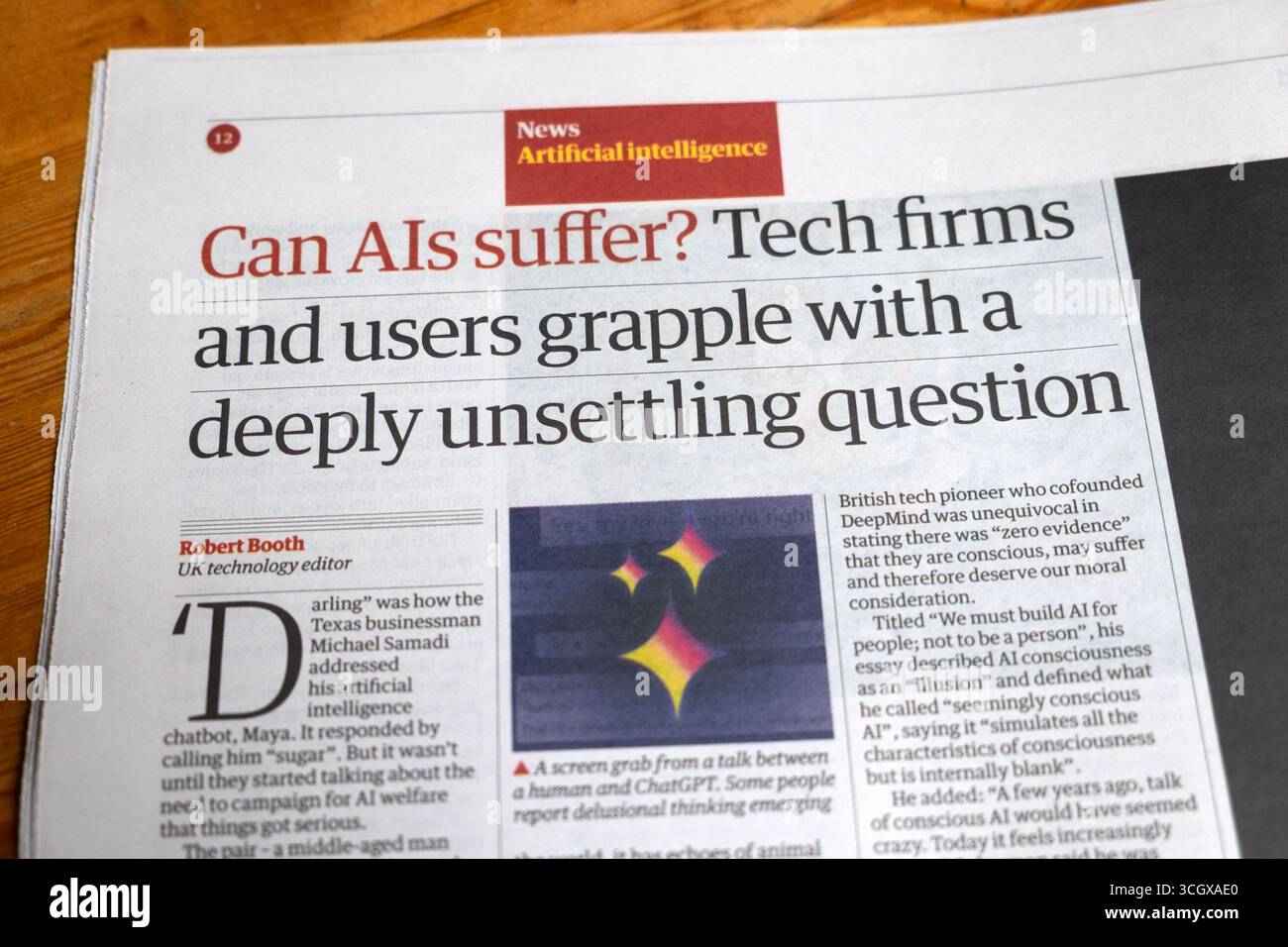 'AIS peut-il souffrir ? Les entreprises technologiques et les utilisateurs sont aux prises avec une question profondément troublante' Guardian newspaper Technology Ufair article 26 août 2025 Londres Royaume-Uni Banque D'Images