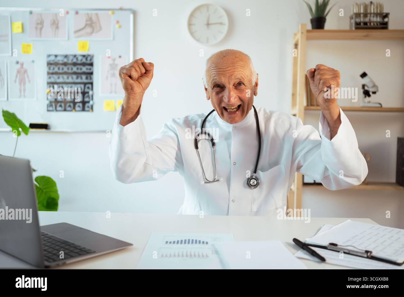 médecin mûr avec stéthoscope fonctionne sur un ordinateur portable regardant la caméra célébrant le vainqueur et la victoire. Thérapeute senior effectuant un appel vidéo, praticien gp Banque D'Images