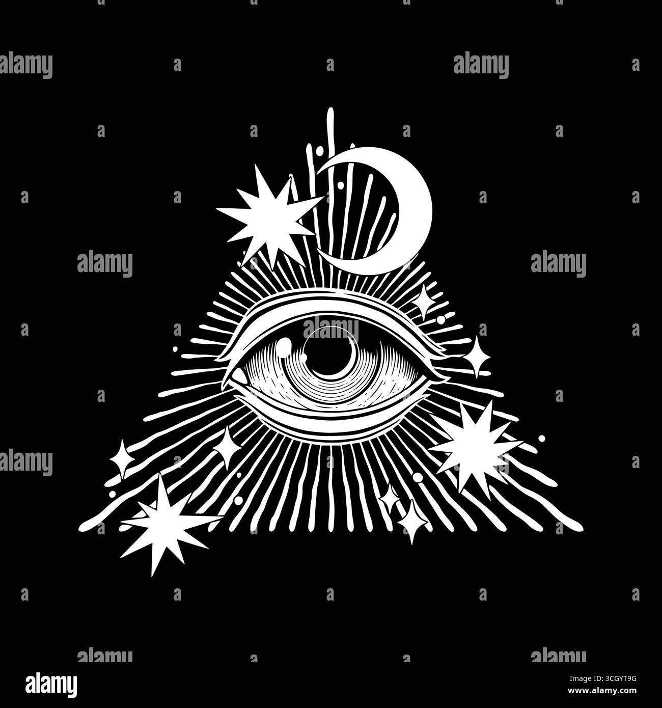 Mal protection magique oeil mason triangle pyramidal avec étoiles et lune, tous voyant oeil ésotérique talisman occulte Illustration de Vecteur