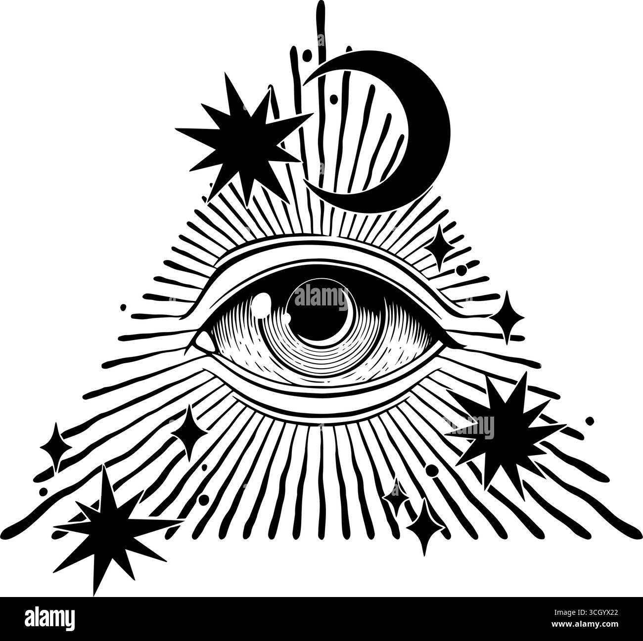Mal protection magique oeil mason triangle pyramidal avec étoiles et lune, tous voyant oeil ésotérique talisman occulte Illustration de Vecteur