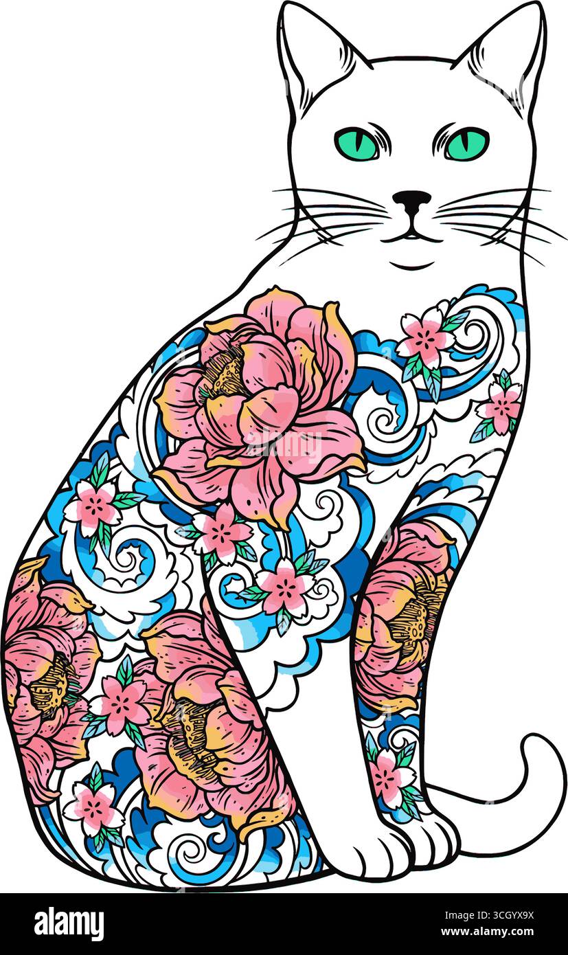 chat blanc avec beau tatouage de fleur dans le style japonais. illustration vectorielle Illustration de Vecteur