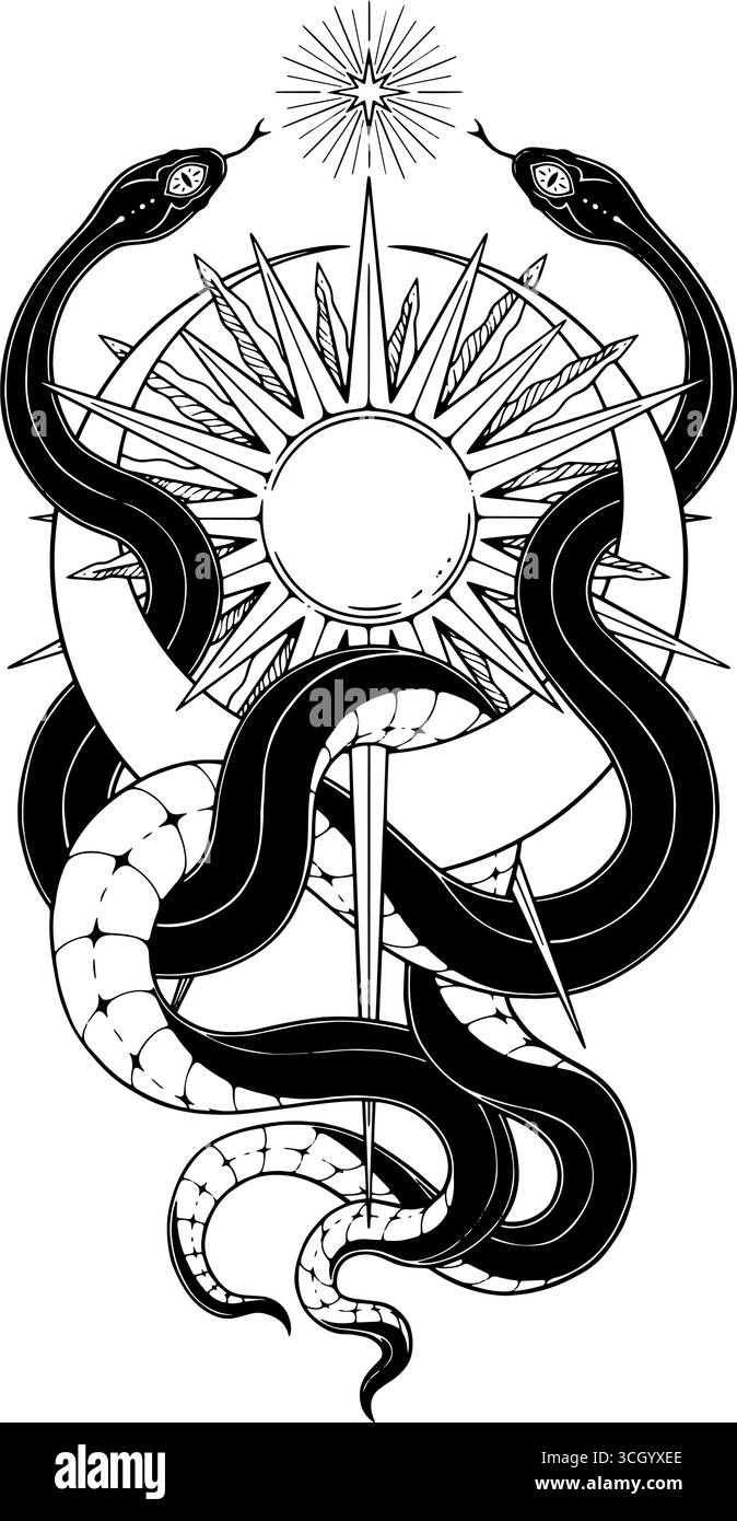 Serpents magiques avec des croissants, étoile et soleil. Symboles mystiques dans un style graphique rétro. Illustration vectorielle Illustration de Vecteur Serpents magiques avec des croissants, étoile et soleil. Symboles mystiques dans un style graphique rétro. Illustration vectorielle Illustration de Vecteur