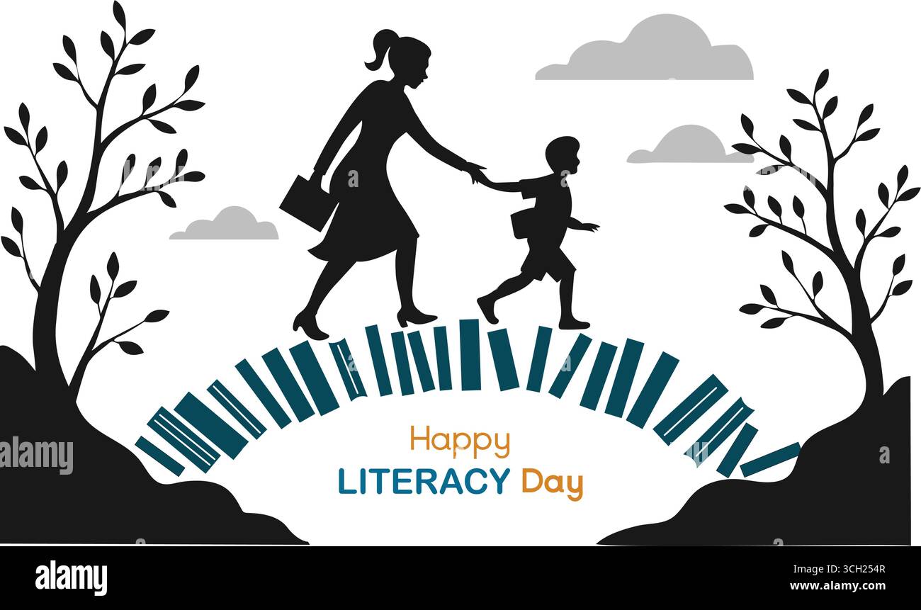 Vecteur silhouette de la Journée de l'alphabétisation – Pont du livre, concept d'éducation pour enfants et adultes Illustration de Vecteur