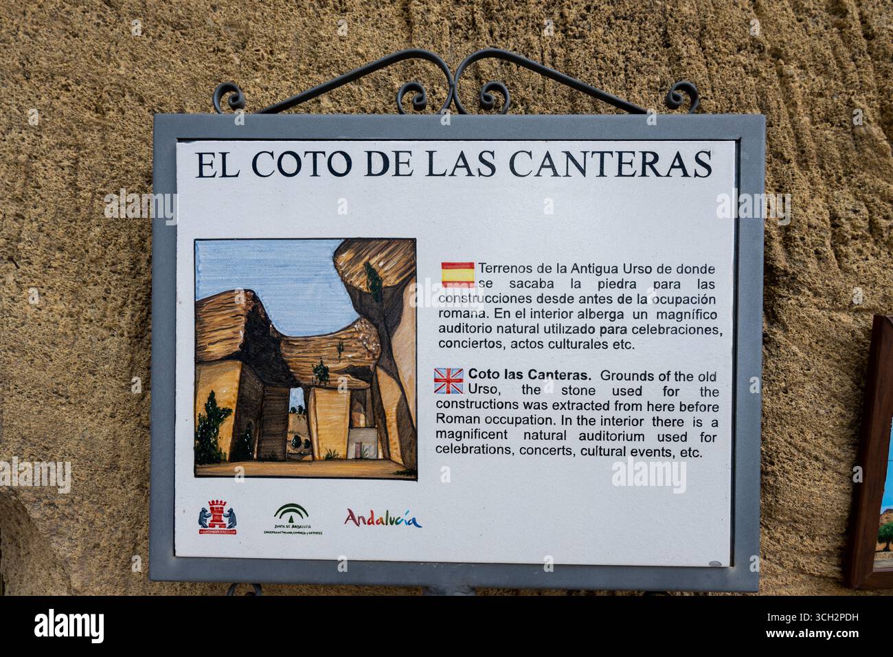 Panneau d'information sur El Coto de las Canteras, avec un dessin du site et du texte en espagnol et en anglais Banque D'Images