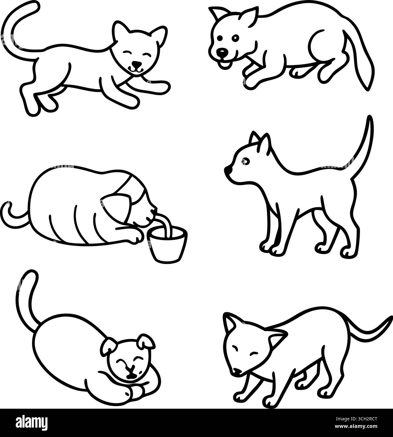 Collection d'adorables chiots et chatons dessinés à la main dans des poses ludiques Illustration de Vecteur