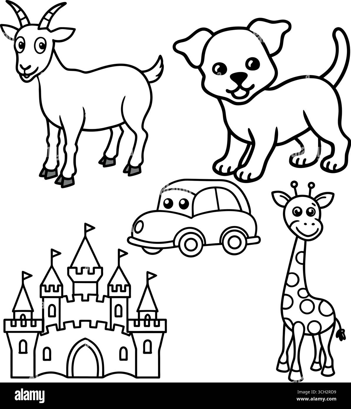 Charmante collection de dessins représentant une voiture de château de chiot de chèvre et une girafe Illustration de Vecteur