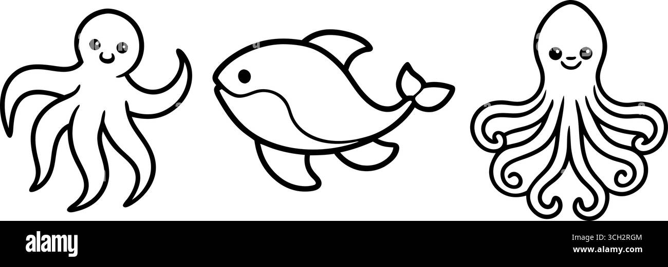 Mignonne créatures marines dessinées à la main pieuvre et poissons éléments de conception de contour pour les enfants Illustration de Vecteur