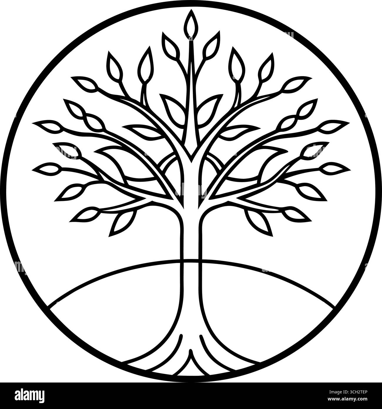 Arbre symbolique de vie embrassé par un cercle avec des racines et des branches s'étendant vers l'extérieur Illustration de Vecteur