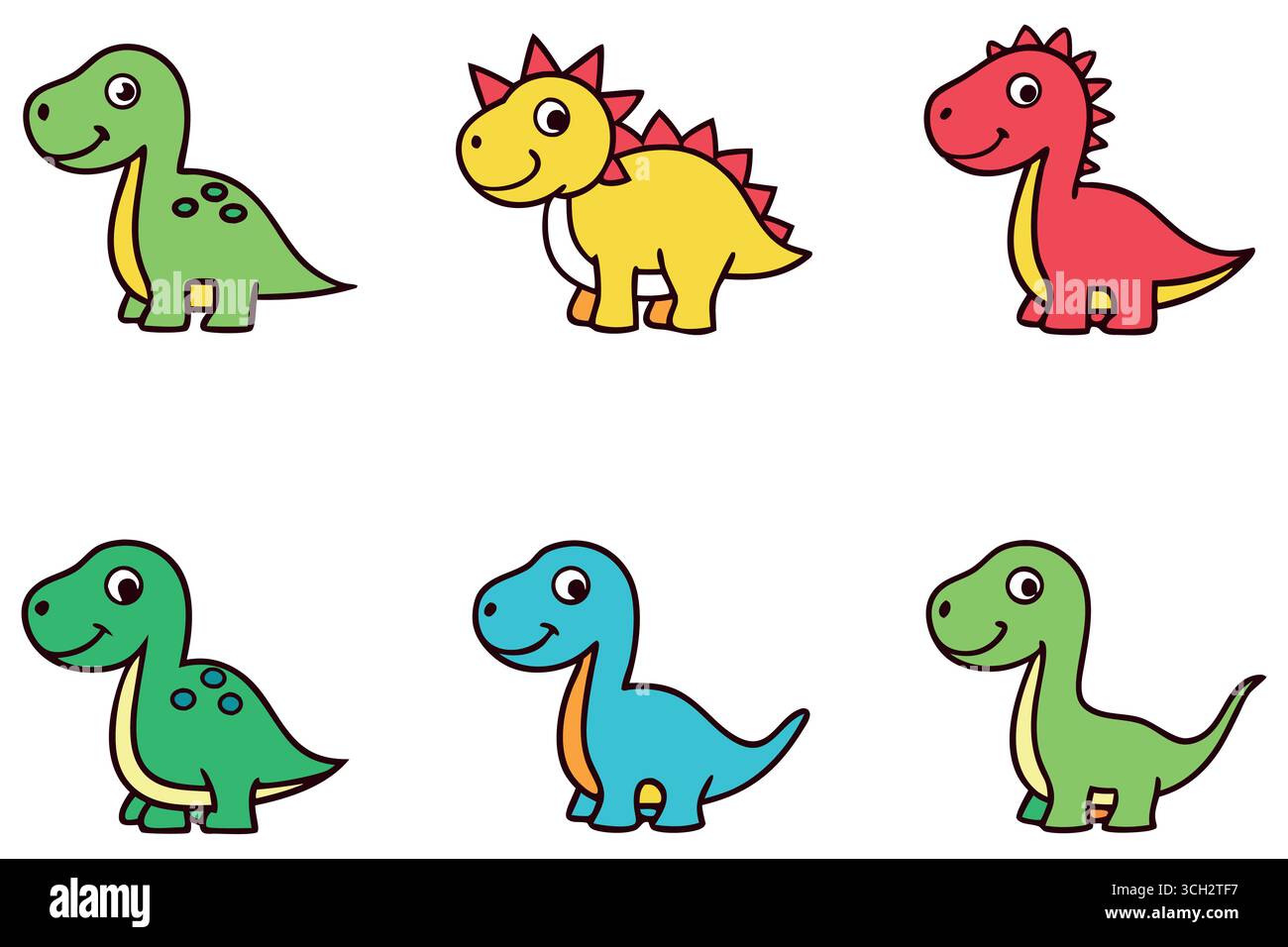 Adorable Cartoon Dinosaur Collection : six dinosaures colorés et heureux, parfaits pour les produits pour enfants. Illustration de Vecteur