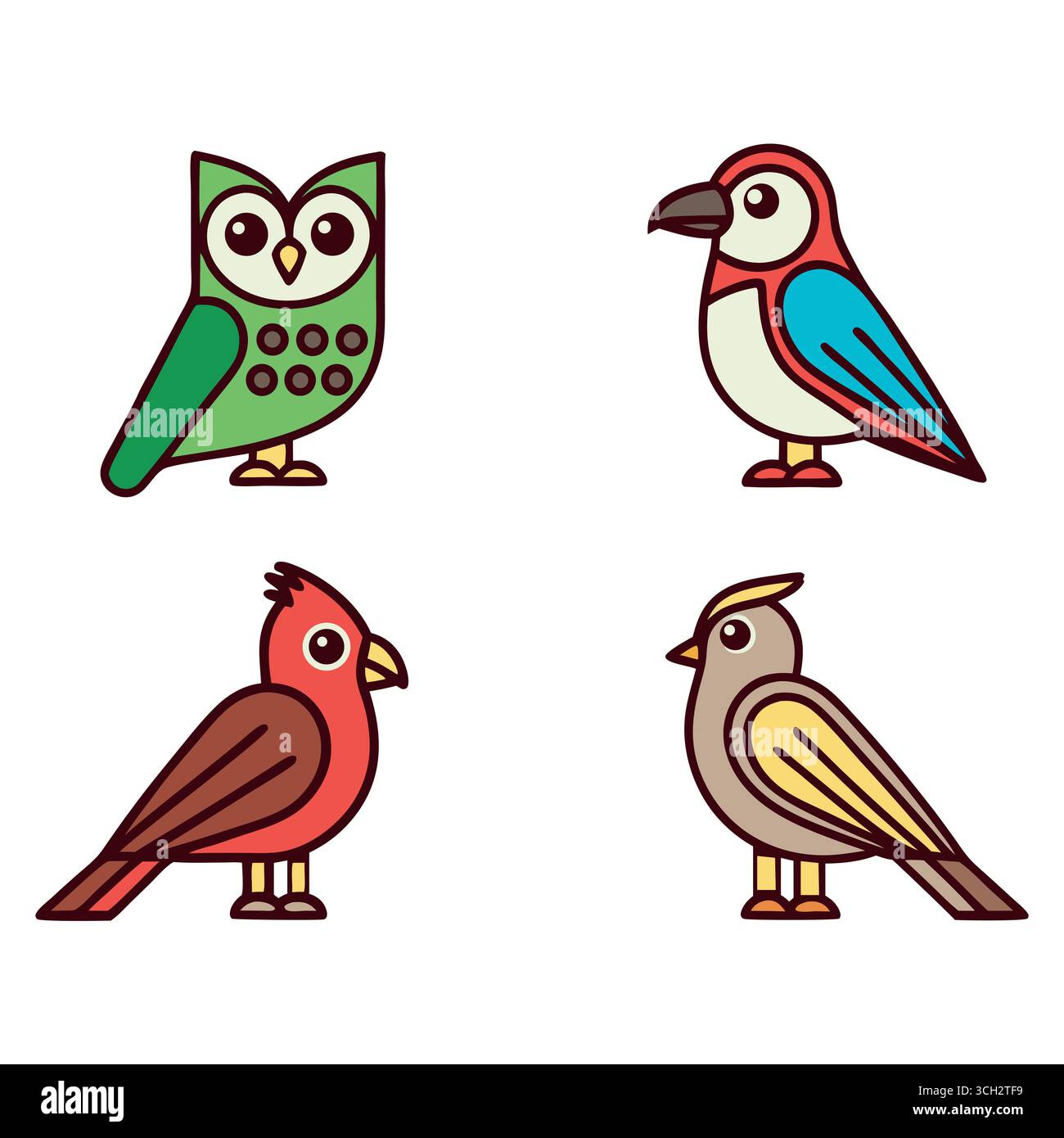 Icônes d'oiseau de dessin animé mignon : hibou, perroquet, cardinal et oiseau, couleurs vives, style enfantin, Happy Mood, illustration vectorielle. Illustration de Vecteur
