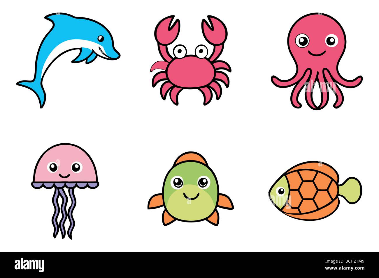 Collection mignonne de créatures marines de dessin animé Illustration de Vecteur