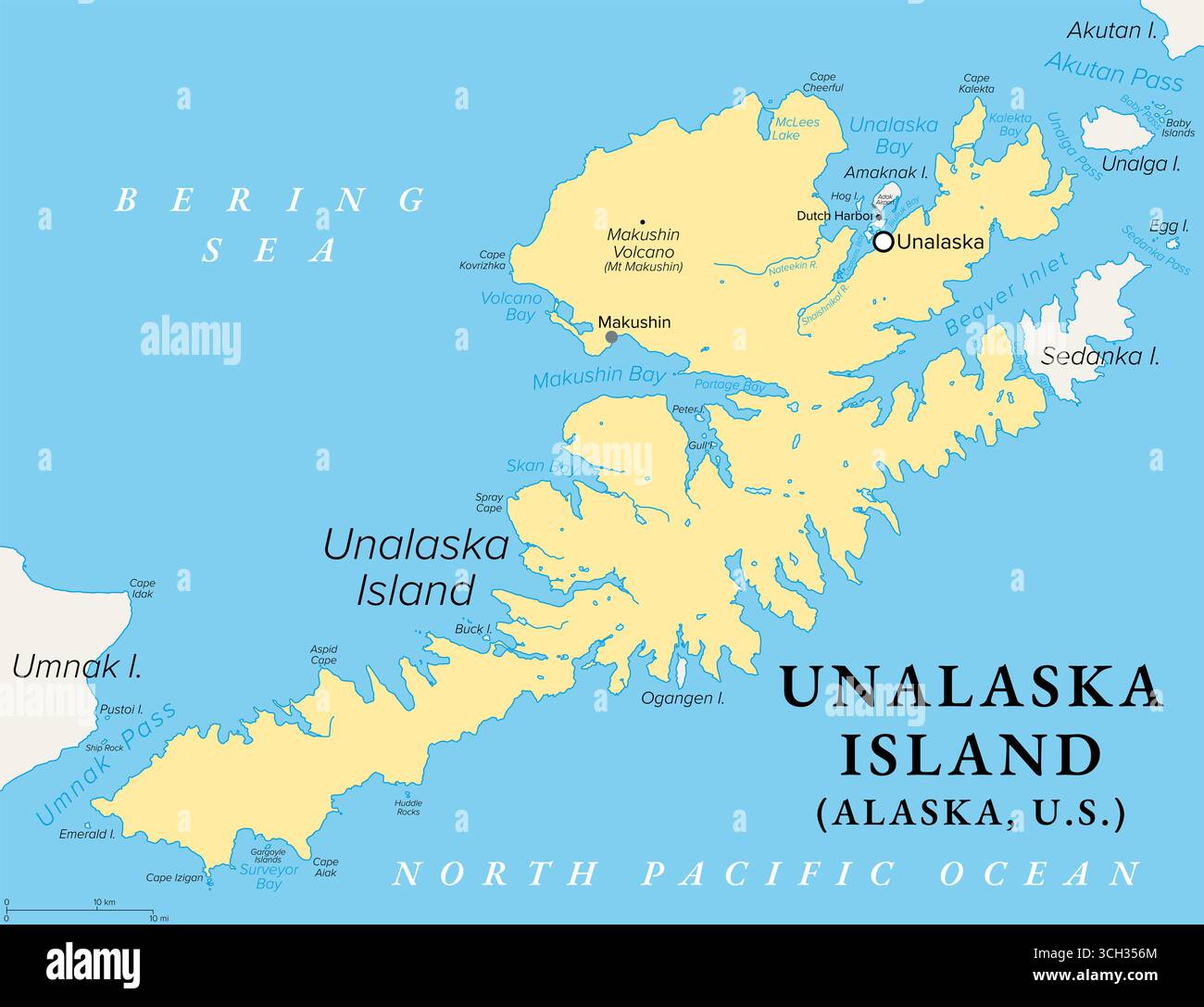 Île Unalaska, Alaska, États-Unis, carte politique. Partie des îles Fox des îles Aléoutiennes. Banque D'Images