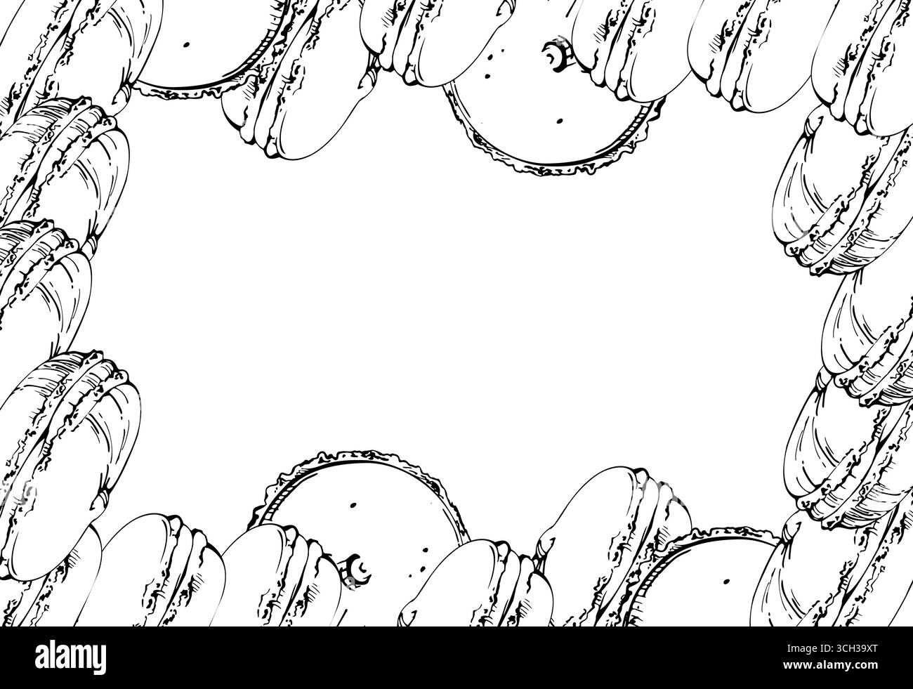 Pile de macarons garnis de mousse, tartes à sandwich et tartes whoopie artisanales. Copie-espace illustration dessinée à la main à l'encre vectorielle. Cadres de boulangerie artisanale Illustration de Vecteur