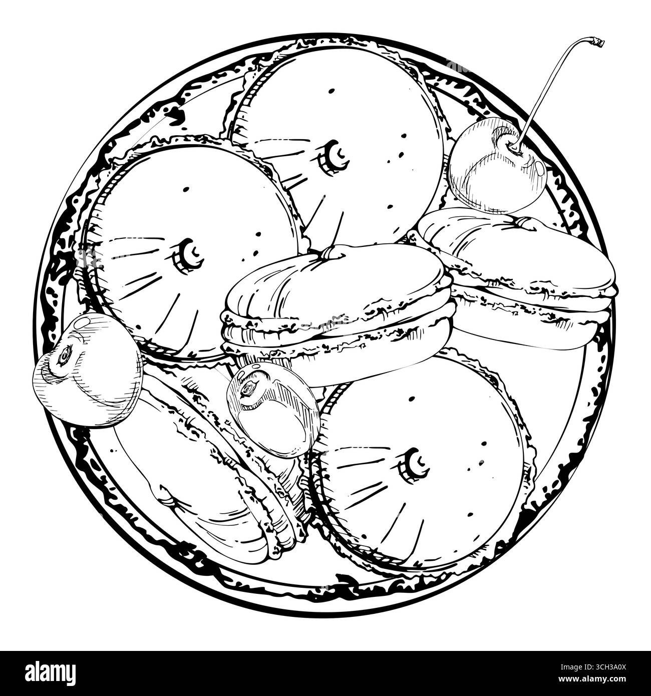 Plat en céramique plein de brioches sandwichs sucrés, macarons, tartes whoopie, baies de cerises mûres, dessinées à la main à l'encre vectorielle. Illustration isolée dessinée à la main Illustration de Vecteur Plat en céramique plein de brioches sandwichs sucrés, macarons, tartes whoopie, baies de cerises mûres, dessinées à la main à l'encre vectorielle. Illustration isolée dessinée à la main Illustration de Vecteur
