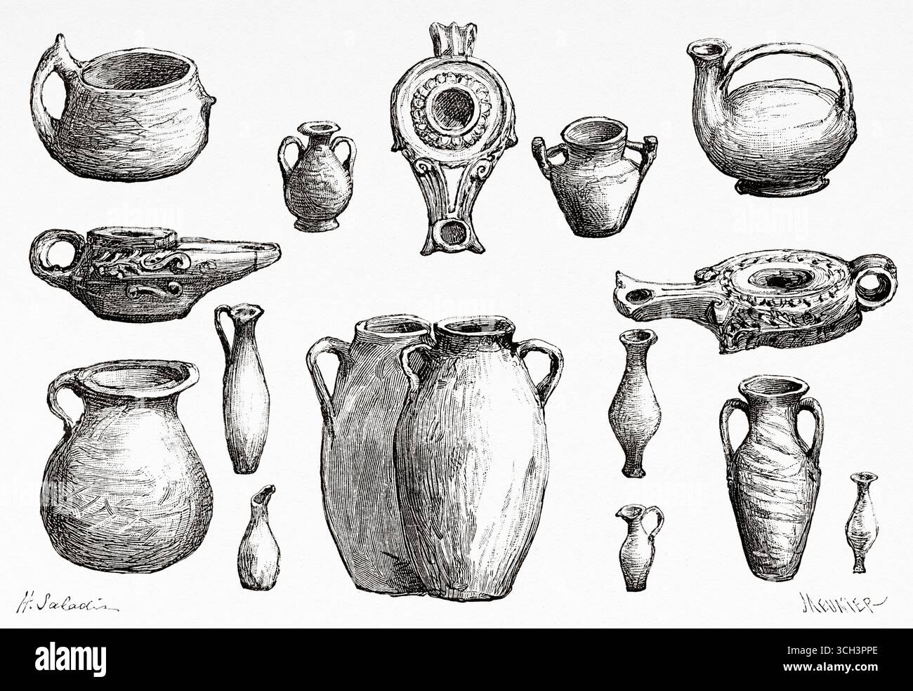 Vases trouvés dans la nécropole punique de Béja, Tunisie, Afrique du Nord. Dessin de Henri Saladin (1851-1923) voyage en Tunisie de René Cagnat (1852-1937) le Tour du monde de 1888 Banque D'Images
