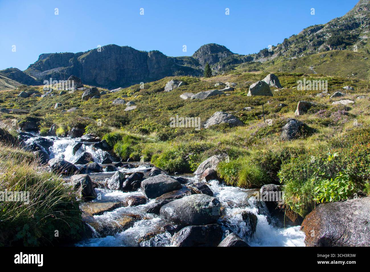 France - Aston - étangs de Fontargente - Un ruisseau de montagne précipité cascades sur les rochers dans la vallée animée d'Aston. Banque D'Images