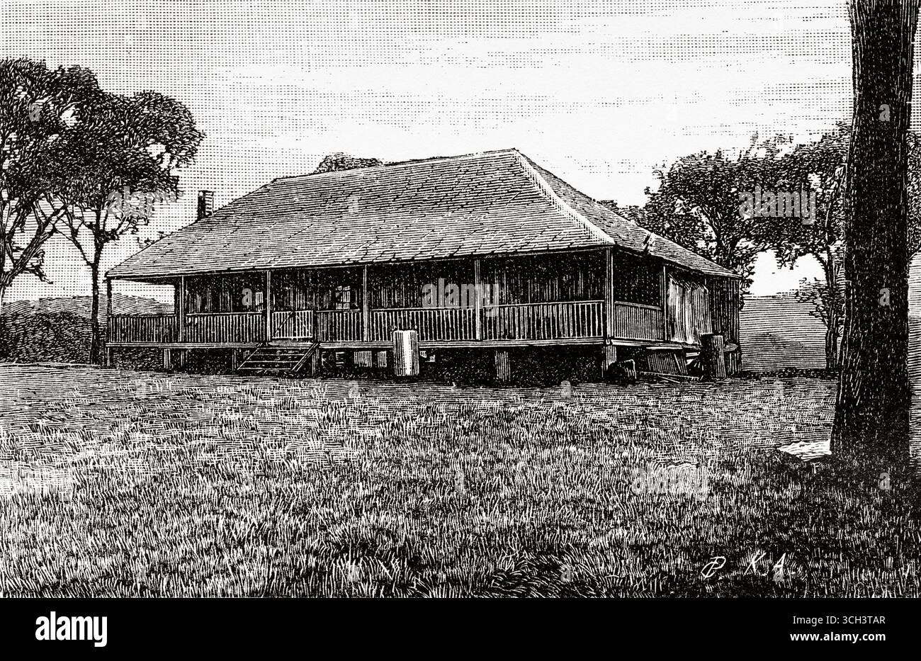 Squatters Homestead. Australie, Océanie. Au pays des cannibales. Voyage d'exploration parmi les indigènes de l'Australie orientale, 1880-1884 par Carl Lumholtz (1851-1922) le Tour du monde de 1888 Banque D'Images