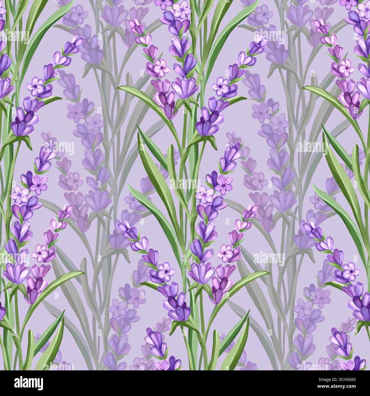 Illustration de motif sans couture à l'aquarelle dessinée à la main avec de délicates fleurs de lavande et des tiges vertes sur un fond violet doux Banque D'Images