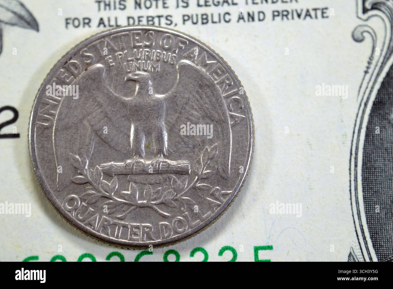 Verso de Washington Quarter dollar 25c vingt-cinq cents américains pièce, dispose d'un aigle, des ailes écartées, et debout sur un arbre de flèches avec Banque D'Images