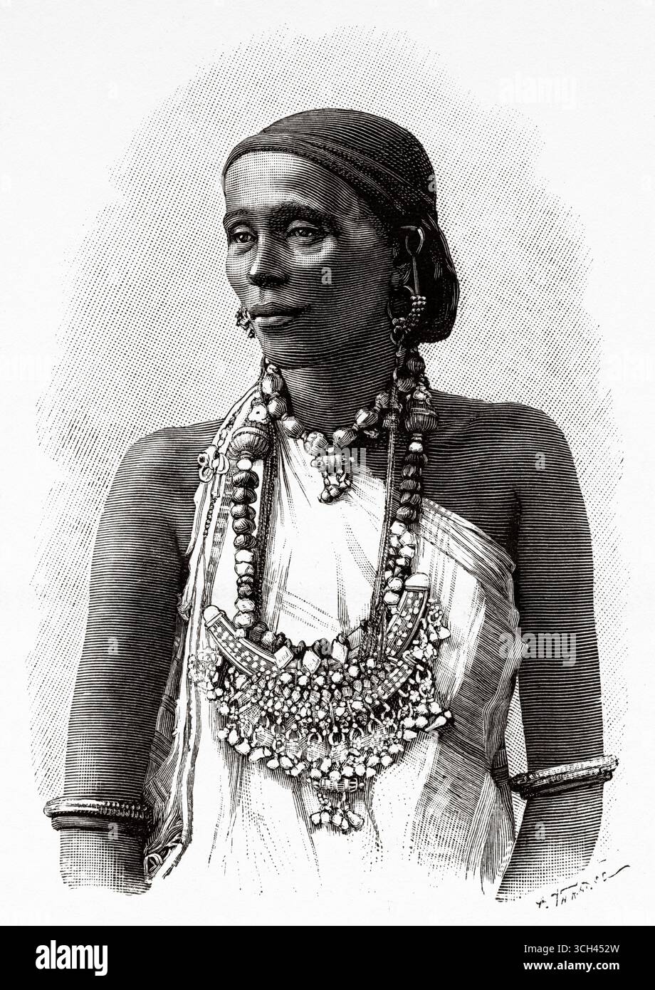 Femme somalienne de Bari Región, Somalie. Corne d'Afrique. Dessin de Gaston Vuillier (1845-1915) voyage entre les Benadirs, les Somaliens et les Bayouns, 1882-1883 de Georges Emmanuel Joseph Revoil (1852-1894) le Tour du monde 1888 Banque D'Images