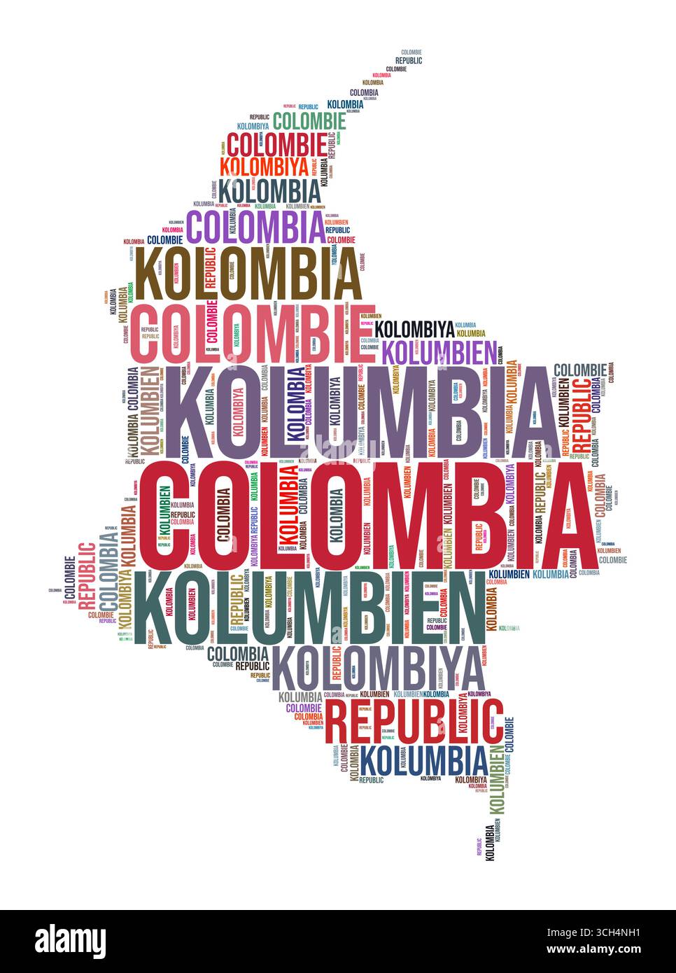 Nuage de mots de forme de pays Colombie. Illustration de pays de style typographique. Image Colombie dans le style nuage de texte. Illustration vectorielle. Illustration de Vecteur