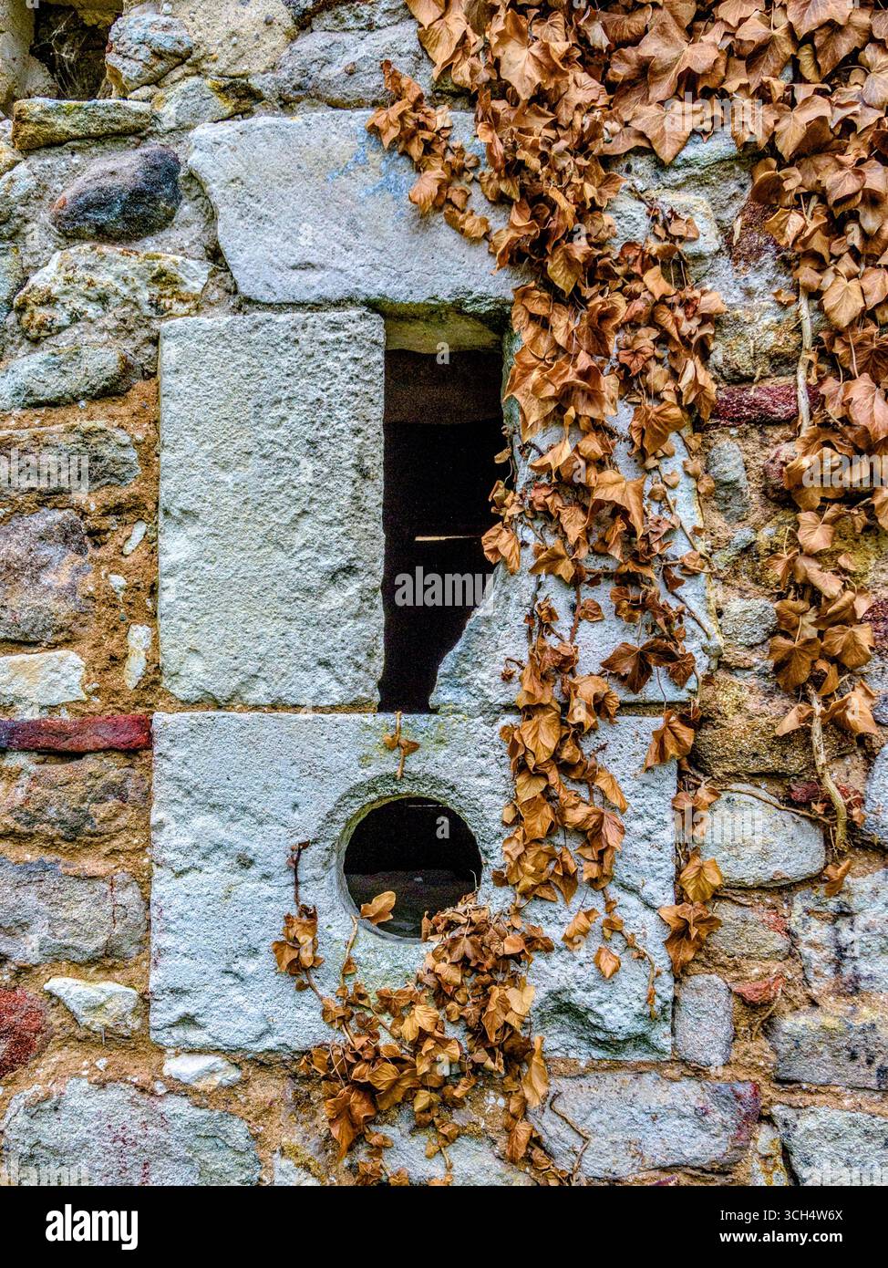 Détails de la maçonnerie dans le couvent fortifié médiéval tardif de Méobecq, Indre (36), France. Banque D'Images