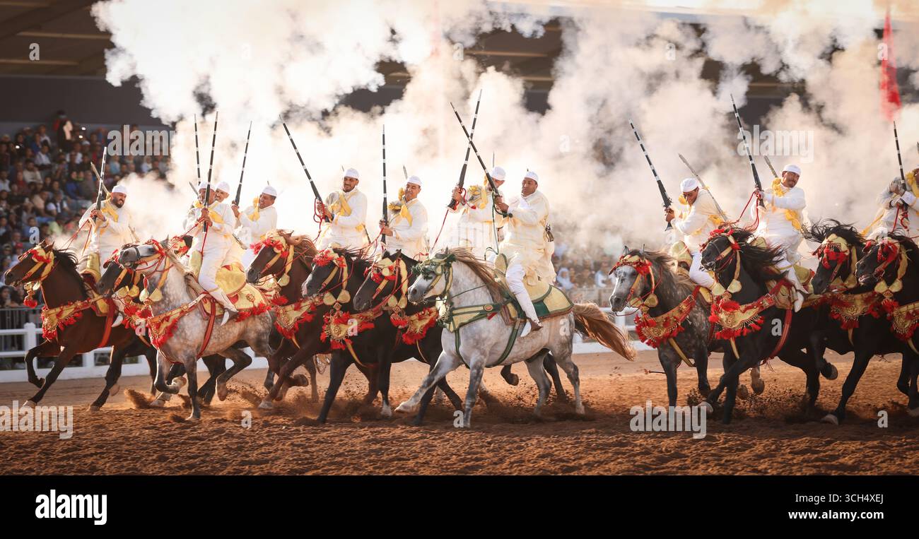 Une histoire de courage, d'unité et d'héritage capturée dans un seul cadre. Cavaliers en costumes marocains colorés galopant sur des chevaux arabes dans un spectacle Fantasia Banque D'Images