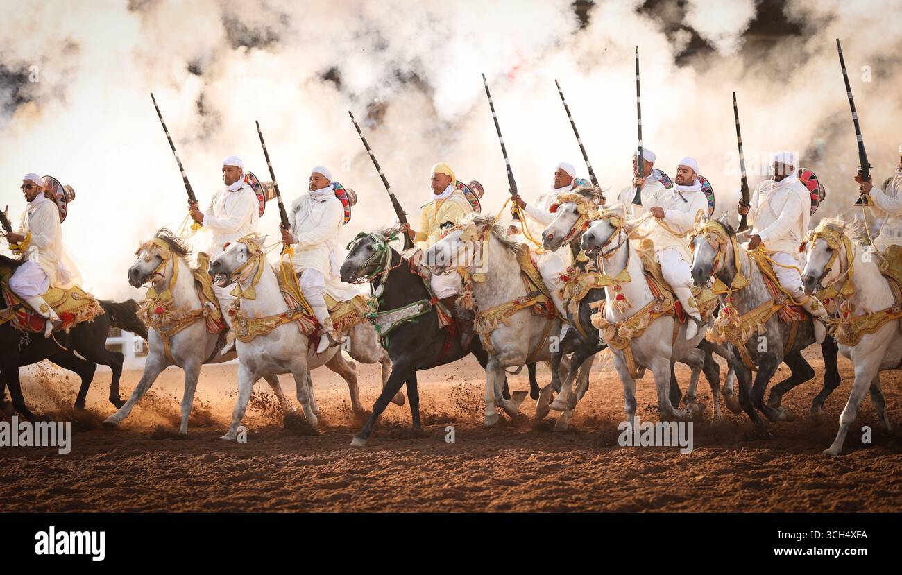 Une histoire de courage, d'unité et d'héritage capturée dans un seul cadre. Cavaliers en costumes marocains colorés galopant sur des chevaux arabes dans un spectacle Fantasia Banque D'Images